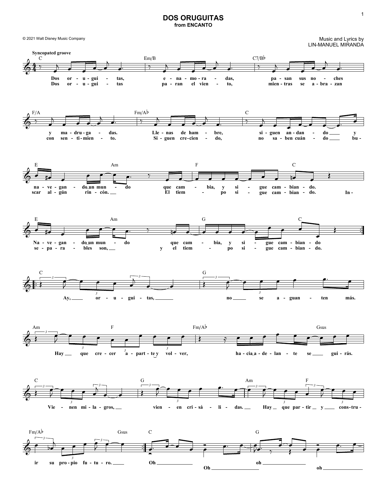 Sebastian Yatra Dos Oruguitas (from Encanto) sheet music notes and chords arranged for Lead Sheet / Fake Book