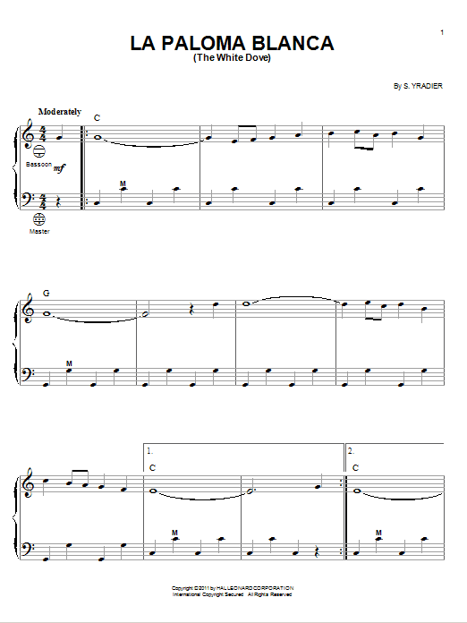 Sebastian Yradier La Paloma Blanca (The White Dove) sheet music notes and chords arranged for Accordion