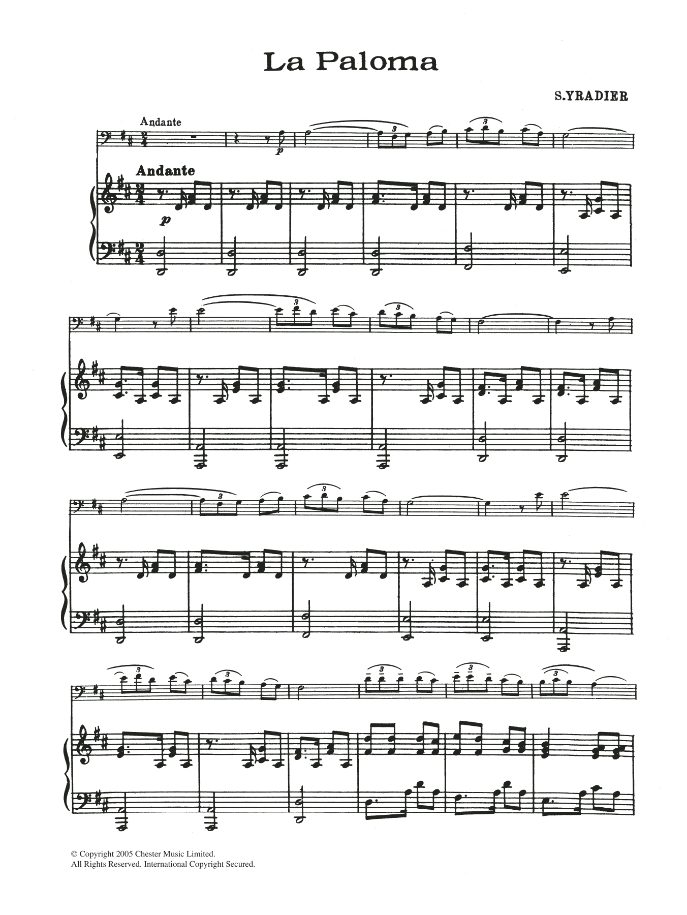 Sebastian Yradier La Paloma sheet music notes and chords arranged for Cello Solo