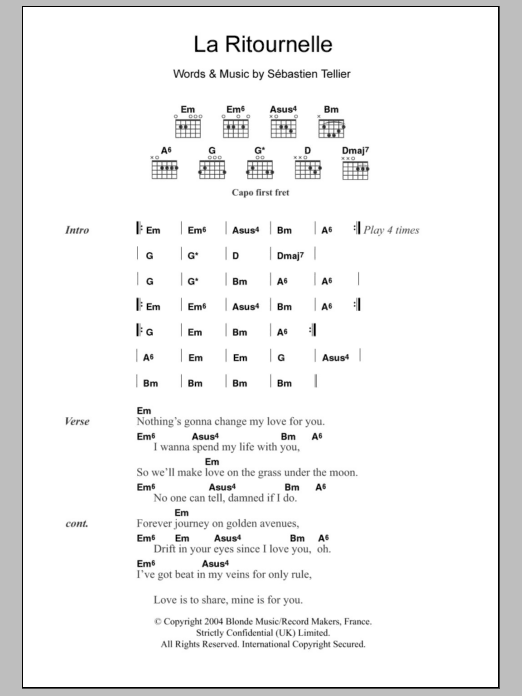 Sébastien Tellier La Ritournelle sheet music notes and chords arranged for Guitar Chords/Lyrics