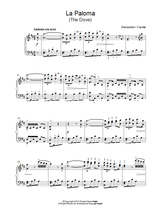 Sebastien Yradier La Paloma sheet music notes and chords arranged for Piano Solo