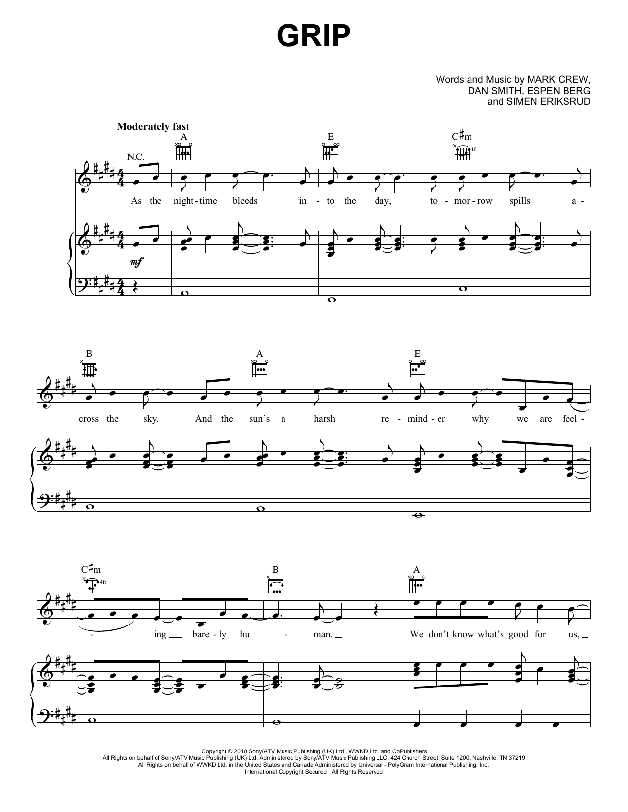 Seeb & Bastille Grip sheet music notes and chords arranged for Piano, Vocal & Guitar Chords (Right-Hand Melody)