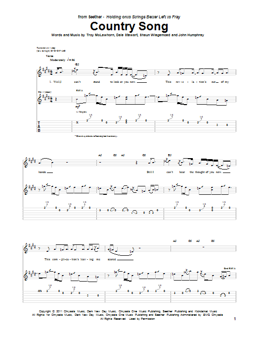 Seether Country Song sheet music notes and chords arranged for Guitar Tab