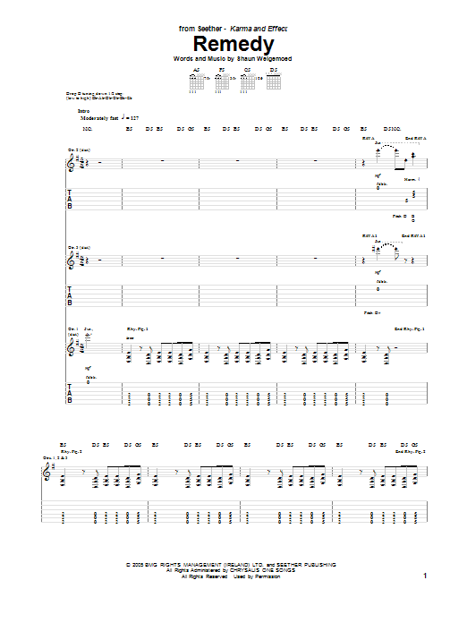 Seether Remedy sheet music notes and chords arranged for Guitar Tab