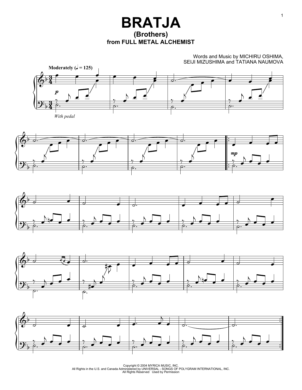 Seiji Mizushima Bratja (Brothers) sheet music notes and chords arranged for Piano Solo