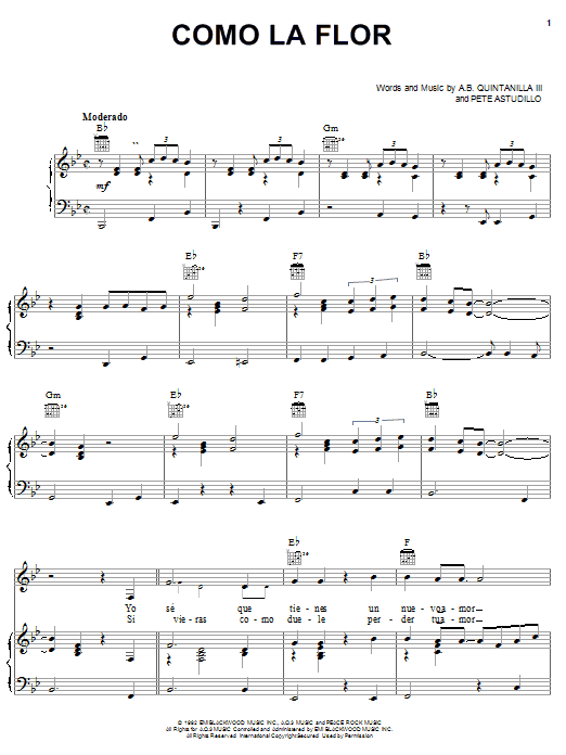 Selena Como La Flor sheet music notes and chords arranged for Piano, Vocal & Guitar Chords (Right-Hand Melody)
