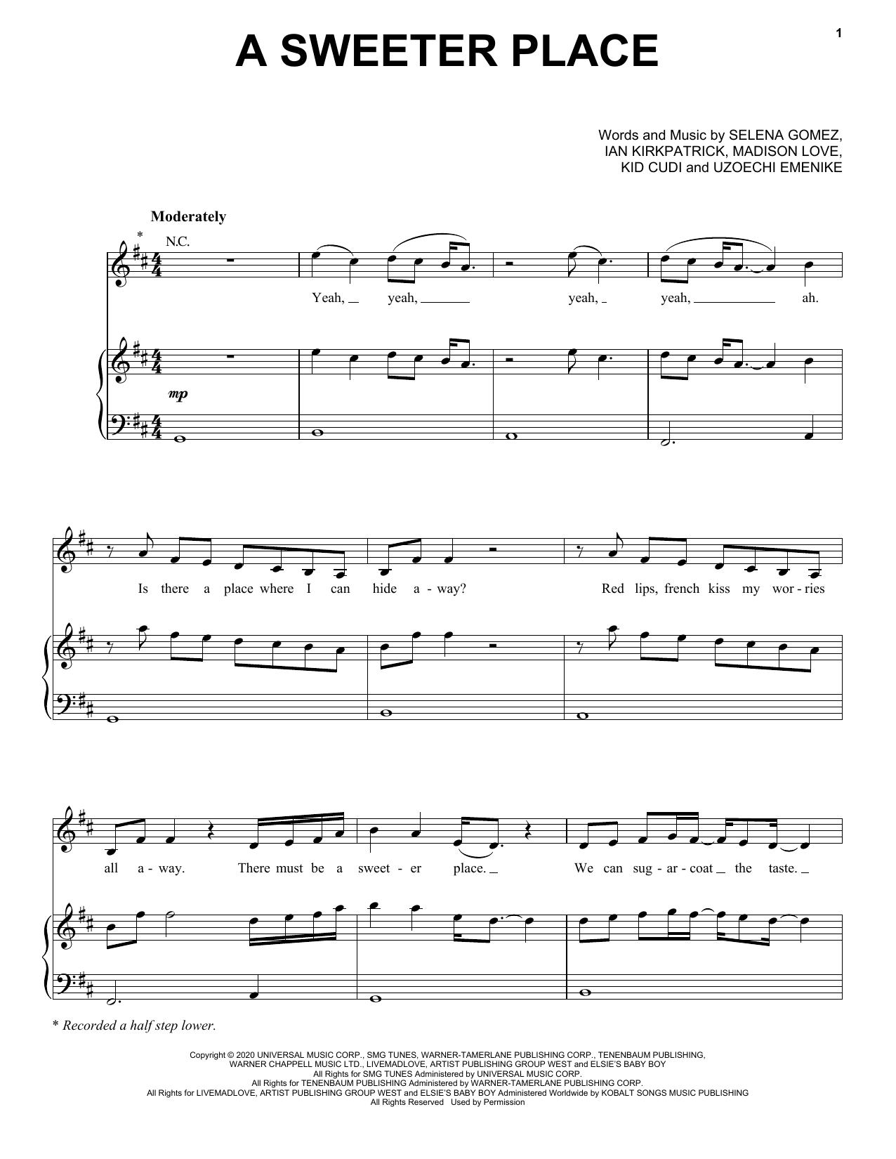 Selena Gomez A Sweeter Place (feat. Kid Cudi) sheet music notes and chords arranged for Piano, Vocal & Guitar Chords (Right-Hand Melody)