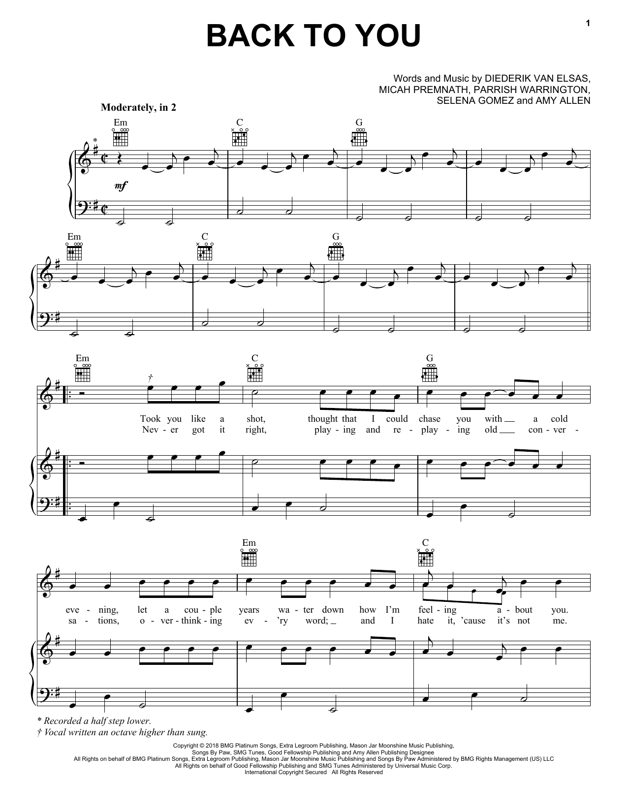 Selena Gomez Back To You sheet music notes and chords arranged for Piano, Vocal & Guitar Chords (Right-Hand Melody)