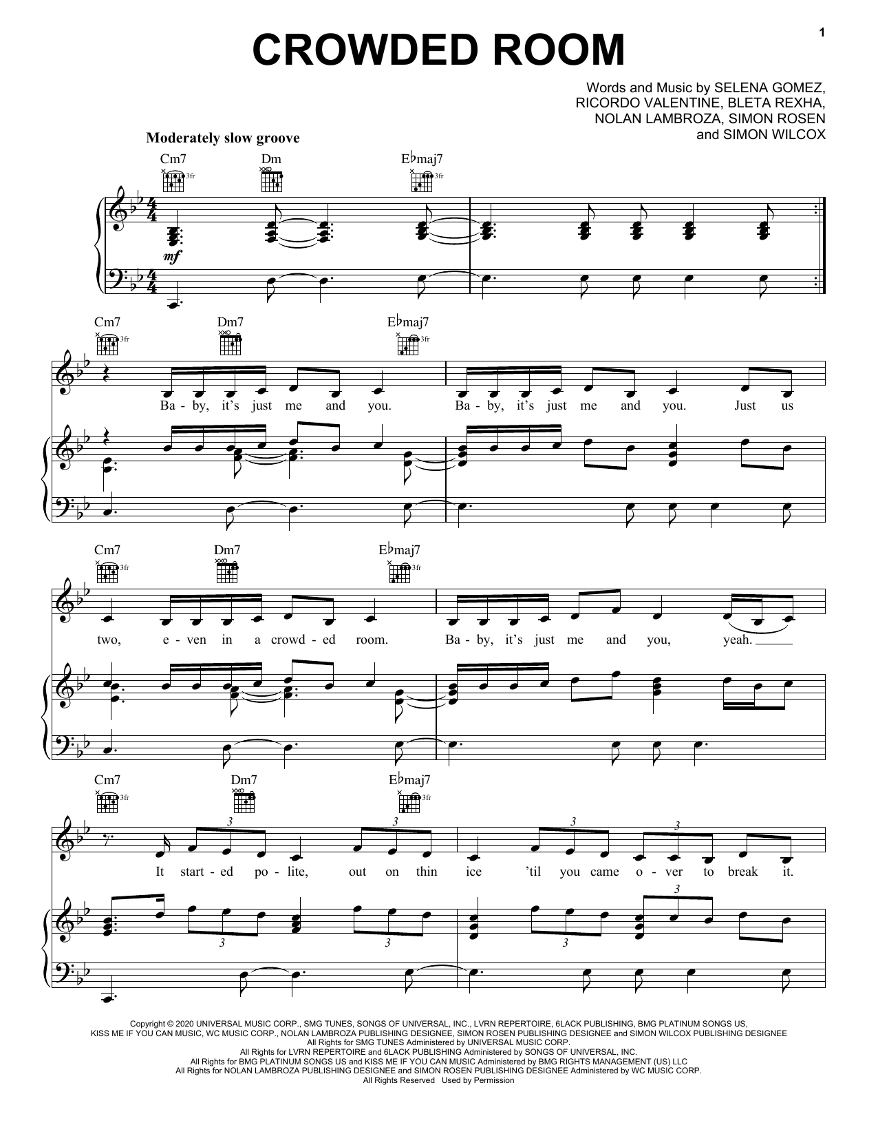 Selena Gomez Crowded Room (feat. 6LACK) sheet music notes and chords arranged for Piano, Vocal & Guitar Chords (Right-Hand Melody)