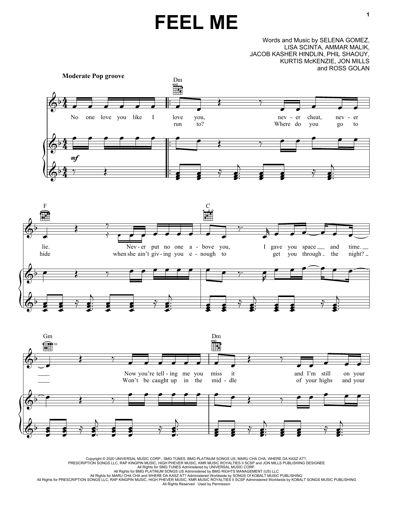 Selena Gomez Feel Me sheet music notes and chords arranged for Piano, Vocal & Guitar Chords (Right-Hand Melody)