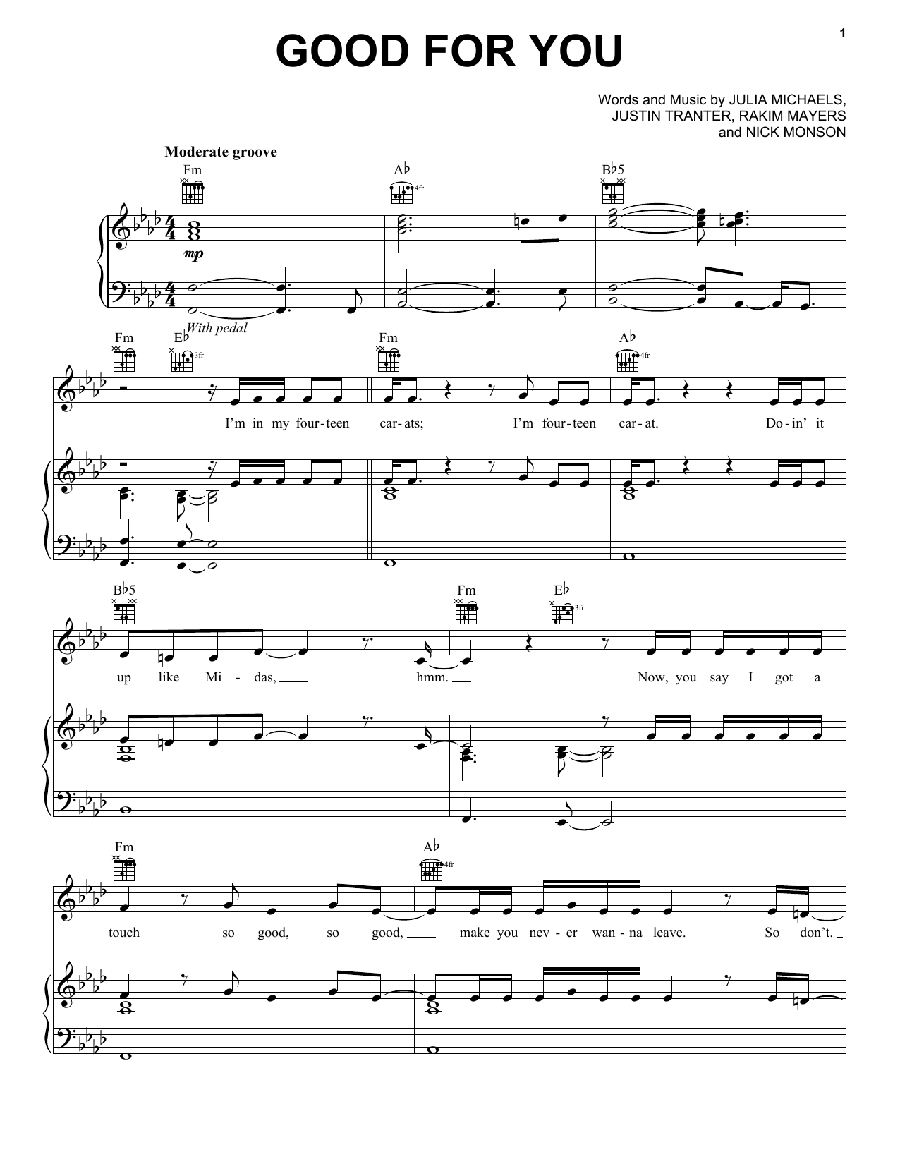 Selena Gomez Good For You sheet music notes and chords arranged for Piano, Vocal & Guitar Chords (Right-Hand Melody)