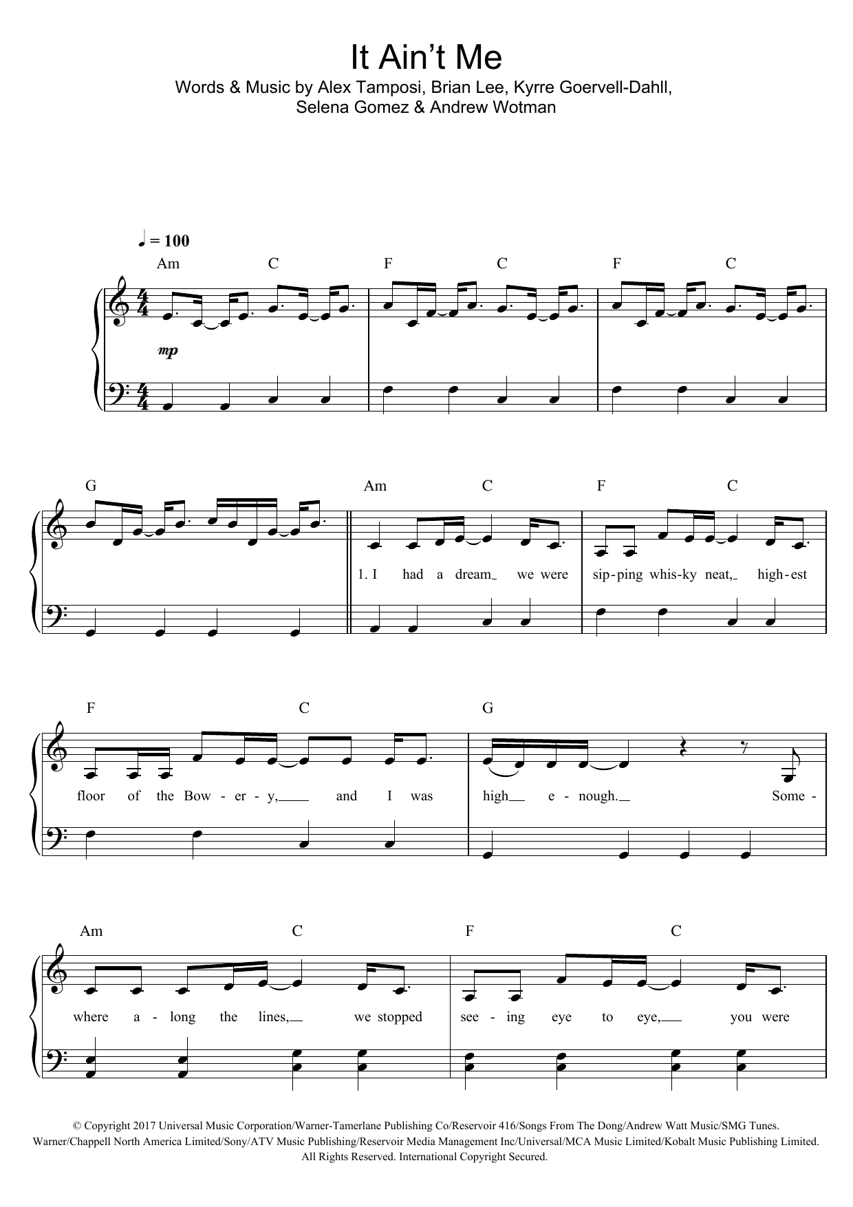 Kygo and Selena Gomez It Ain't Me sheet music notes and chords arranged for Easy Piano