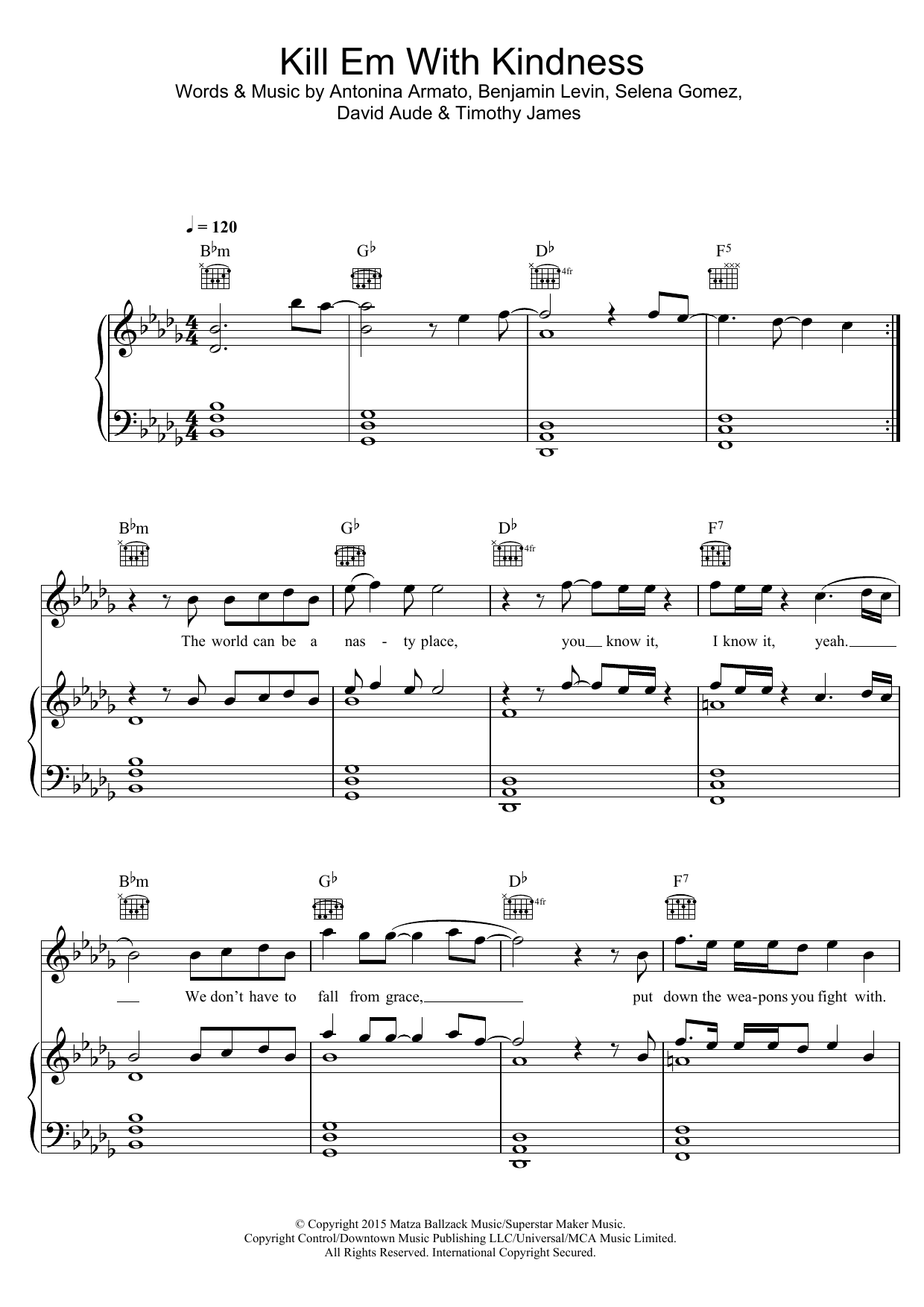 Selena Gomez Kill Em With Kindness sheet music notes and chords arranged for Piano, Vocal & Guitar Chords
