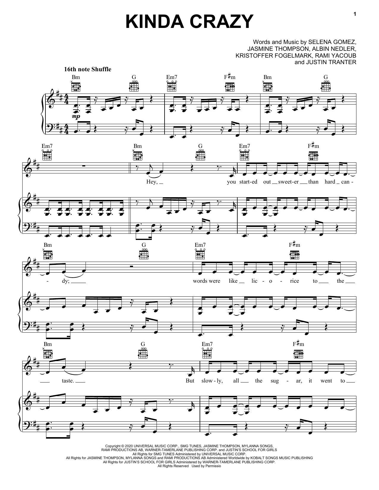 Selena Gomez Kinda Crazy sheet music notes and chords arranged for Piano, Vocal & Guitar Chords (Right-Hand Melody)