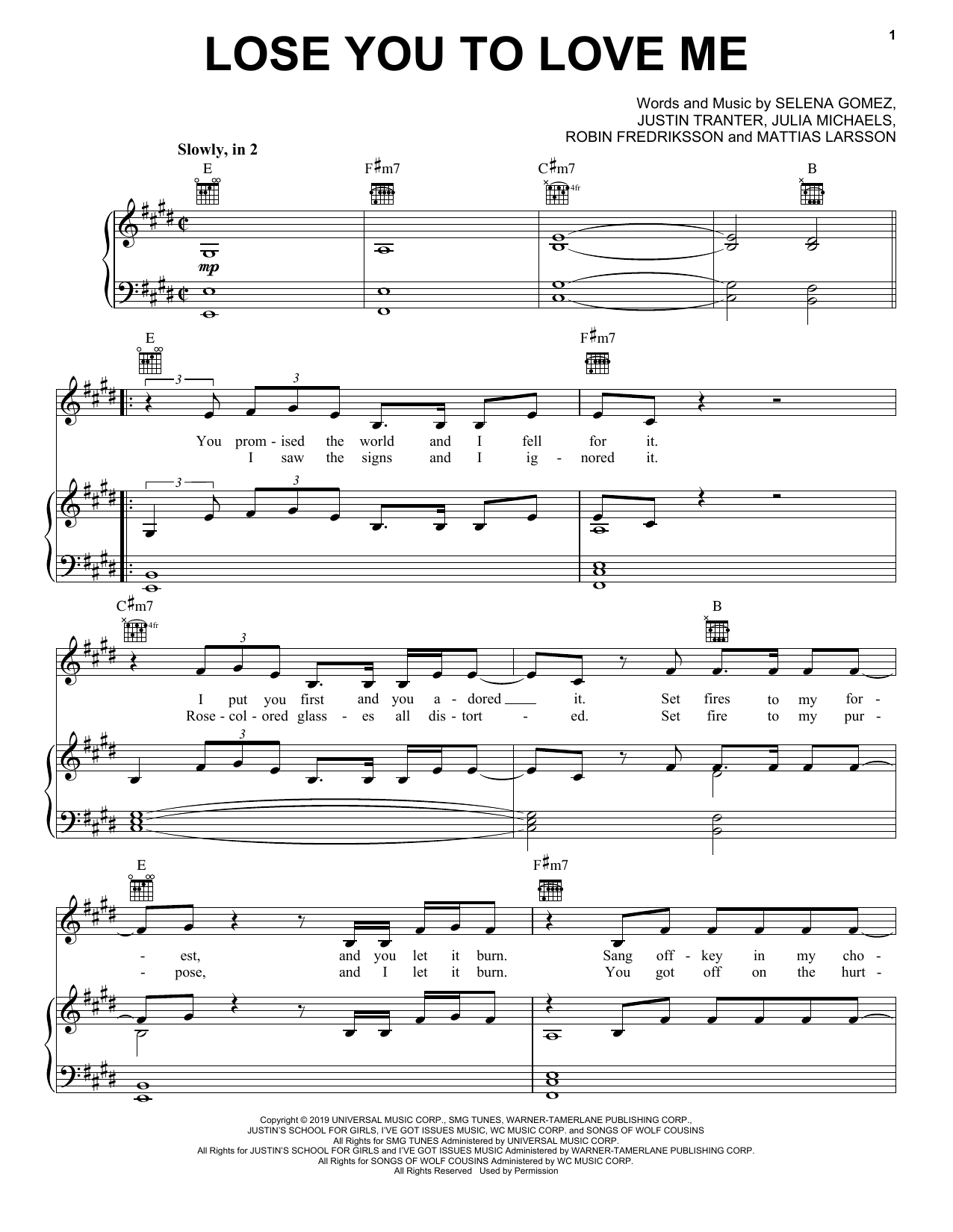 Selena Gomez Lose You To Love Me sheet music notes and chords arranged for Big Note Piano