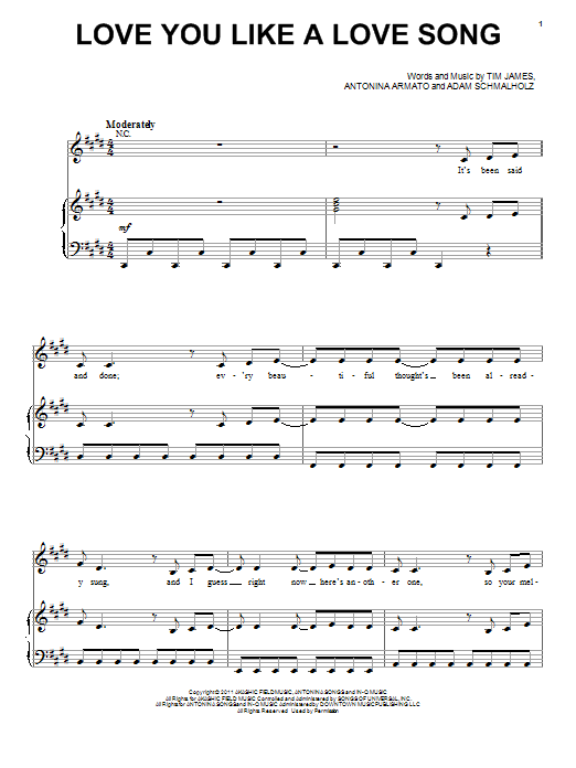 Selena Gomez Love You Like A Love Song sheet music notes and chords arranged for Piano, Vocal & Guitar Chords (Right-Hand Melody)
