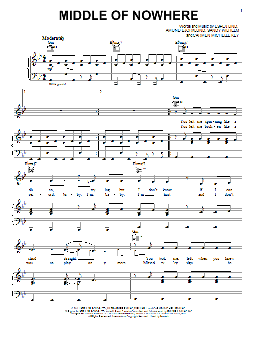 Selena Gomez Middle Of Nowhere sheet music notes and chords arranged for Piano, Vocal & Guitar Chords (Right-Hand Melody)