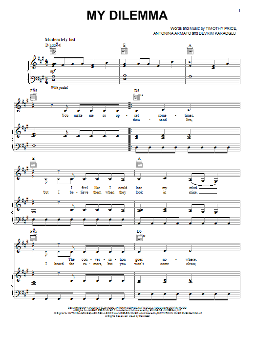 Selena Gomez My Dilemma sheet music notes and chords arranged for Piano, Vocal & Guitar Chords (Right-Hand Melody)