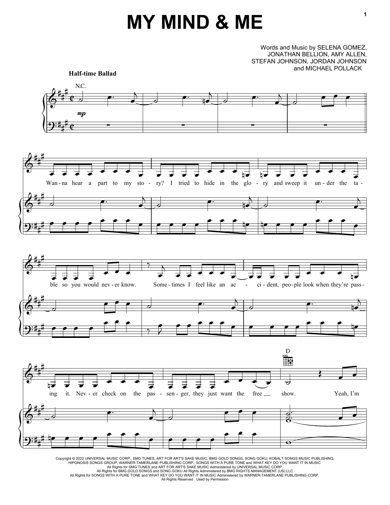 Selena Gomez My Mind & Me sheet music notes and chords arranged for Piano, Vocal & Guitar Chords (Right-Hand Melody)
