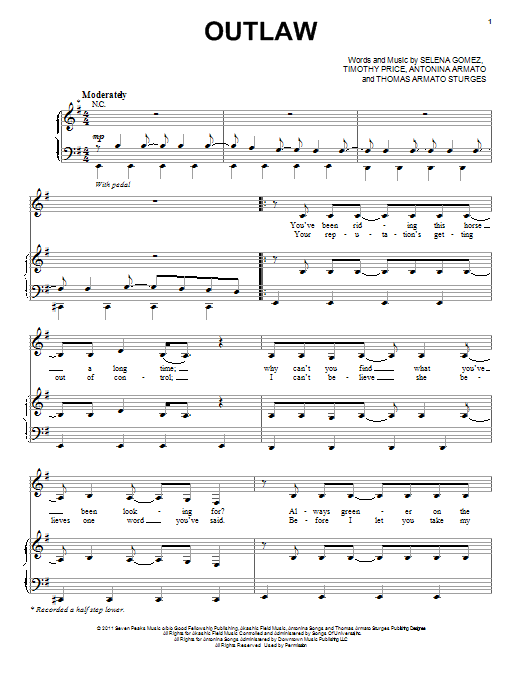 Selena Gomez Outlaw sheet music notes and chords arranged for Piano, Vocal & Guitar Chords (Right-Hand Melody)