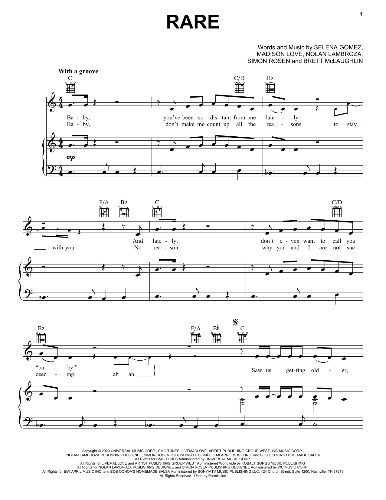 Selena Gomez Rare sheet music notes and chords arranged for Piano, Vocal & Guitar Chords (Right-Hand Melody)