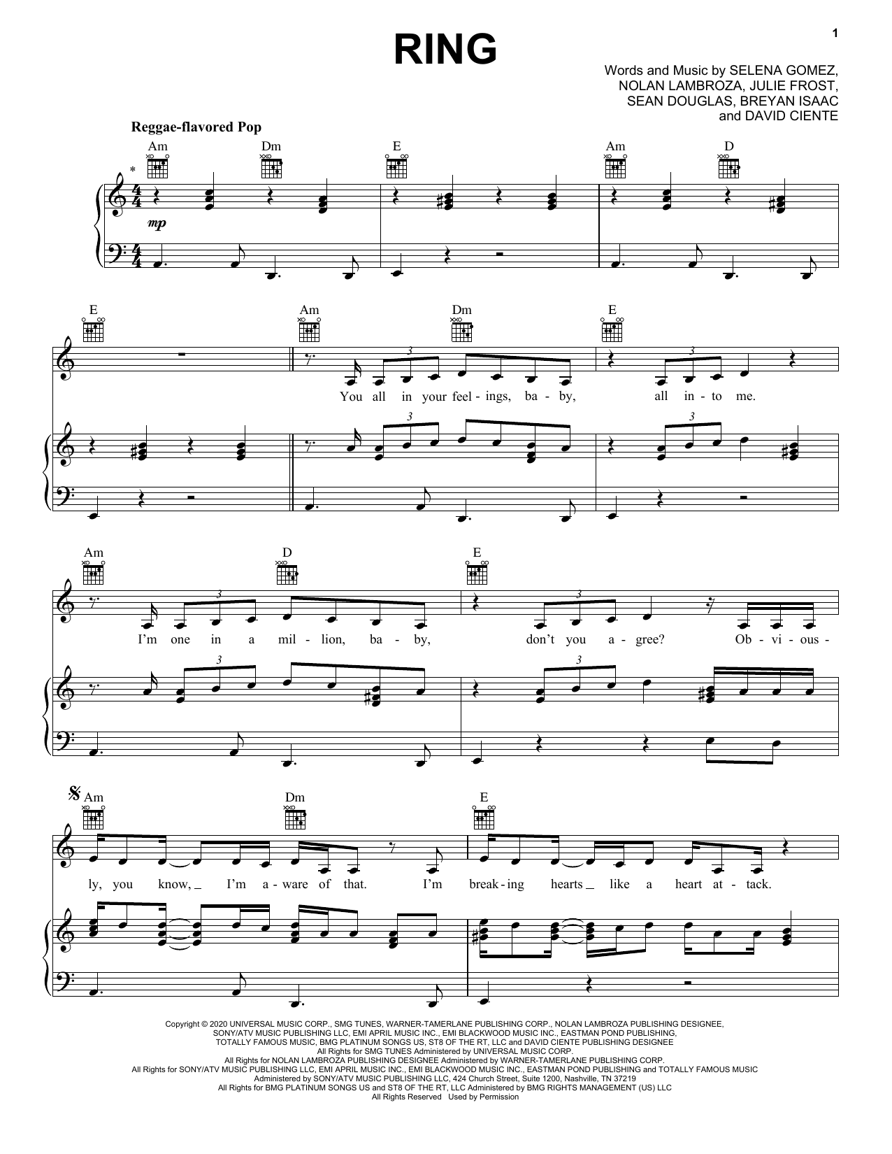 Selena Gomez Ring sheet music notes and chords arranged for Piano, Vocal & Guitar Chords (Right-Hand Melody)