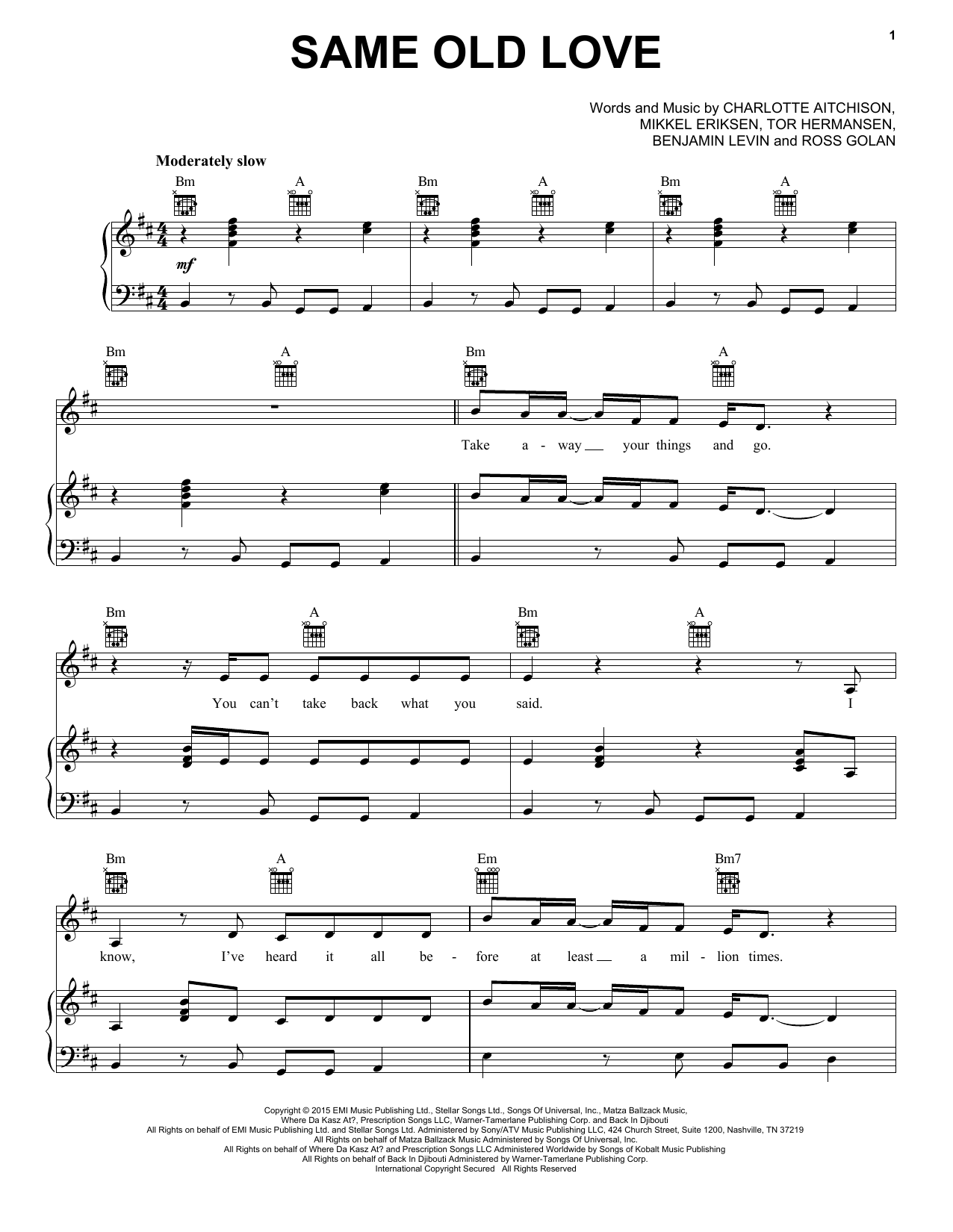 Selena Gomez Same Old Love sheet music notes and chords arranged for Piano, Vocal & Guitar Chords (Right-Hand Melody)