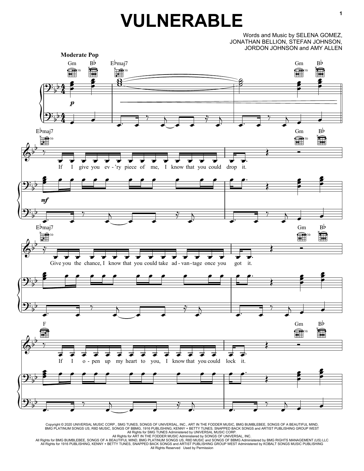 Selena Gomez Vulnerable sheet music notes and chords arranged for Piano, Vocal & Guitar Chords (Right-Hand Melody)