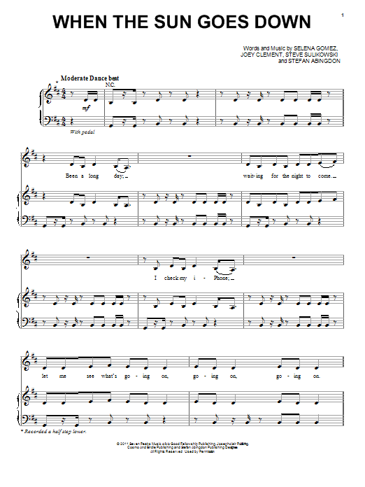 Selena Gomez When The Sun Goes Down sheet music notes and chords arranged for Piano, Vocal & Guitar Chords (Right-Hand Melody)