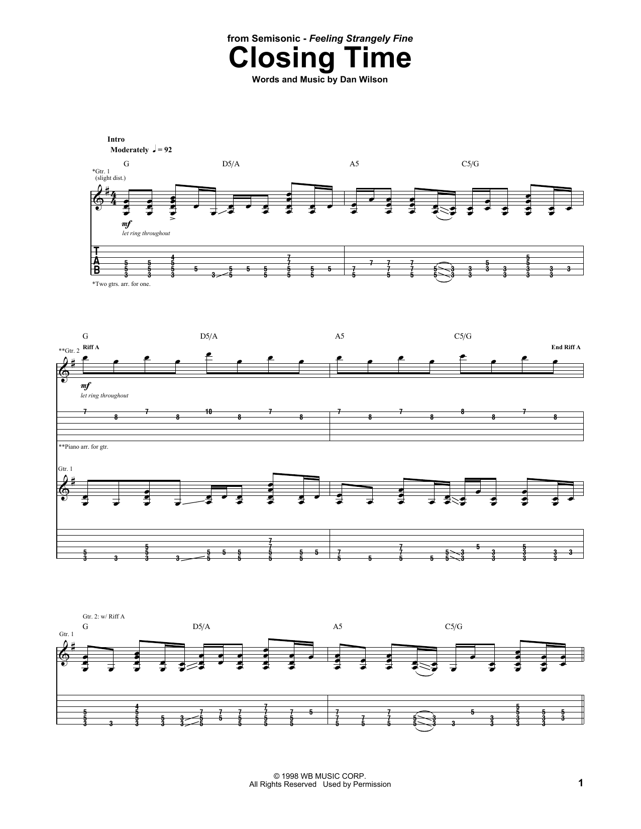 Semisonic Closing Time sheet music notes and chords arranged for Guitar Tab