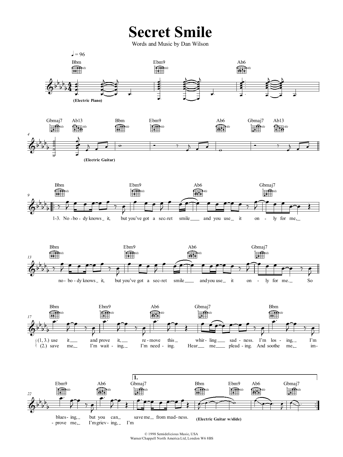 Semisonic Secret Smile sheet music notes and chords arranged for Piano, Vocal & Guitar Chords (Right-Hand Melody)