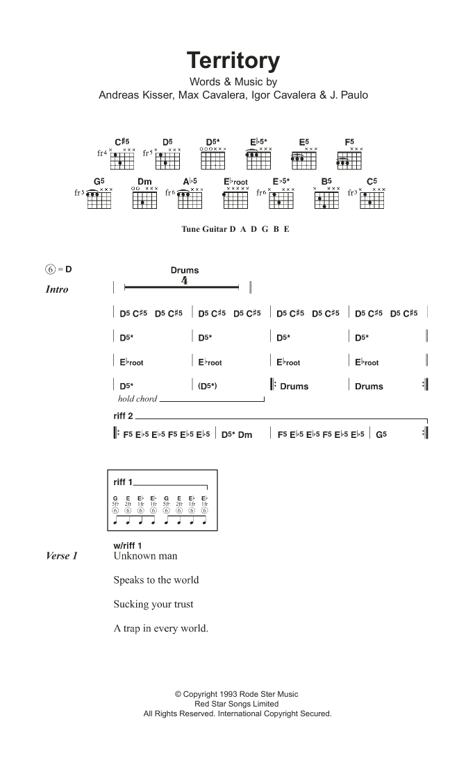 Sepultura Territory sheet music notes and chords arranged for Guitar Chords/Lyrics