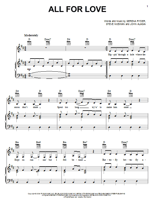 Serena Ryder All For Love sheet music notes and chords arranged for Piano, Vocal & Guitar Chords (Right-Hand Melody)