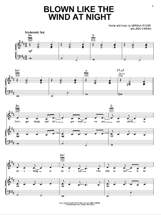 Serena Ryder Blown Like The Wind At Night sheet music notes and chords arranged for Piano, Vocal & Guitar Chords (Right-Hand Melody)