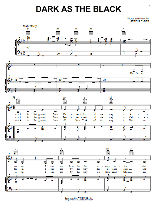Serena Ryder Dark As The Black sheet music notes and chords arranged for Piano, Vocal & Guitar Chords (Right-Hand Melody)
