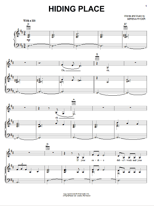 Serena Ryder Hiding Place sheet music notes and chords arranged for Piano, Vocal & Guitar Chords (Right-Hand Melody)