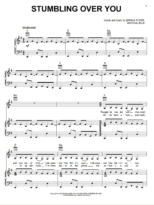 Serena Ryder Stumbling Over You sheet music notes and chords arranged for Piano, Vocal & Guitar Chords (Right-Hand Melody)