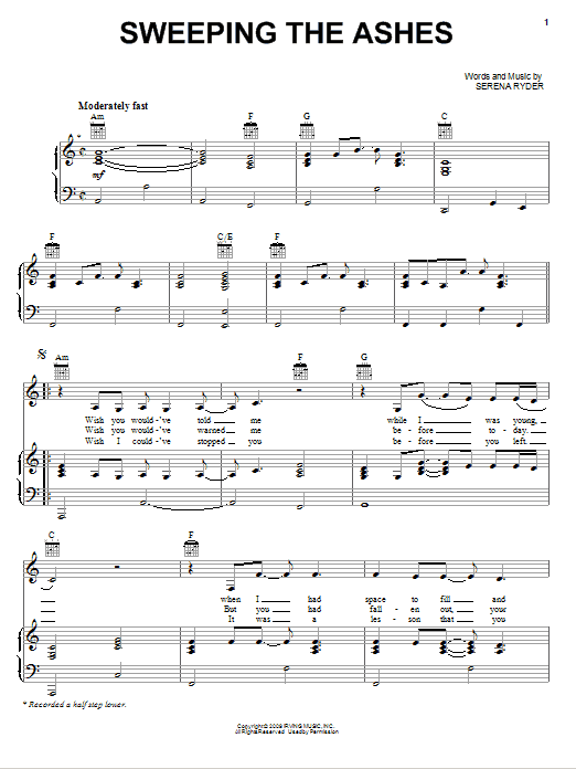 Serena Ryder Sweeping The Ashes sheet music notes and chords arranged for Piano, Vocal & Guitar Chords (Right-Hand Melody)