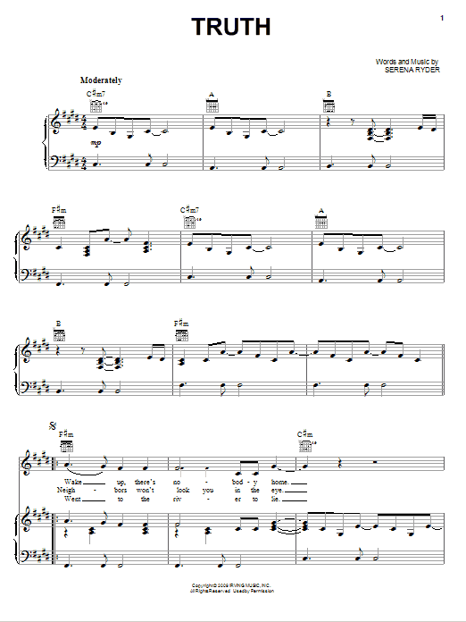 Serena Ryder Truth sheet music notes and chords arranged for Piano, Vocal & Guitar Chords (Right-Hand Melody)