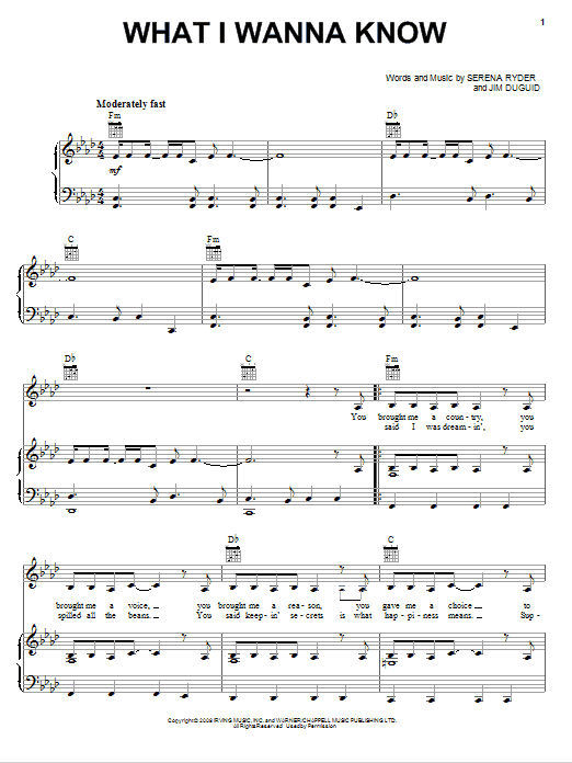 Serena Ryder What I Wanna Know sheet music notes and chords arranged for Piano, Vocal & Guitar Chords (Right-Hand Melody)