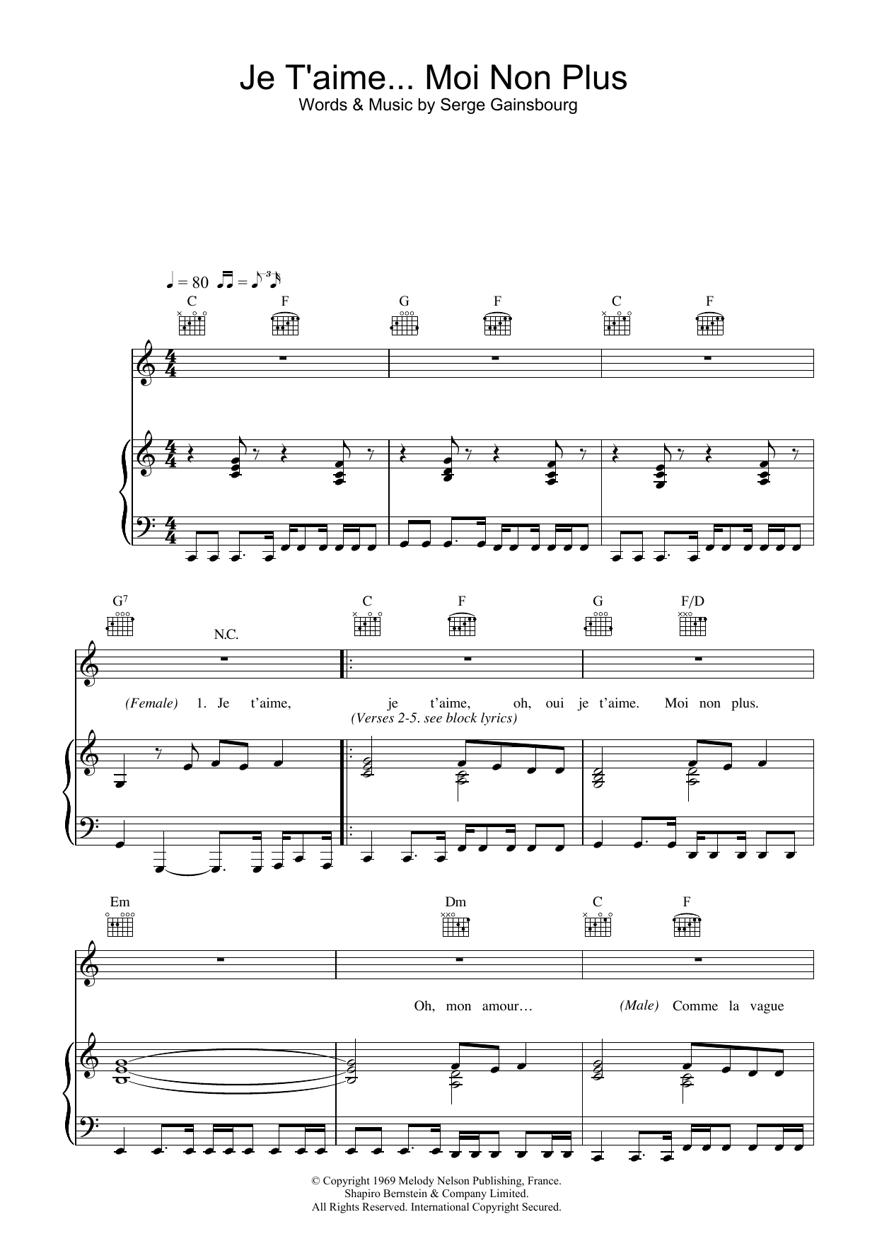 Serge Gainsbourg Je T'aime... Moi Non Plus sheet music notes and chords arranged for Piano Chords/Lyrics