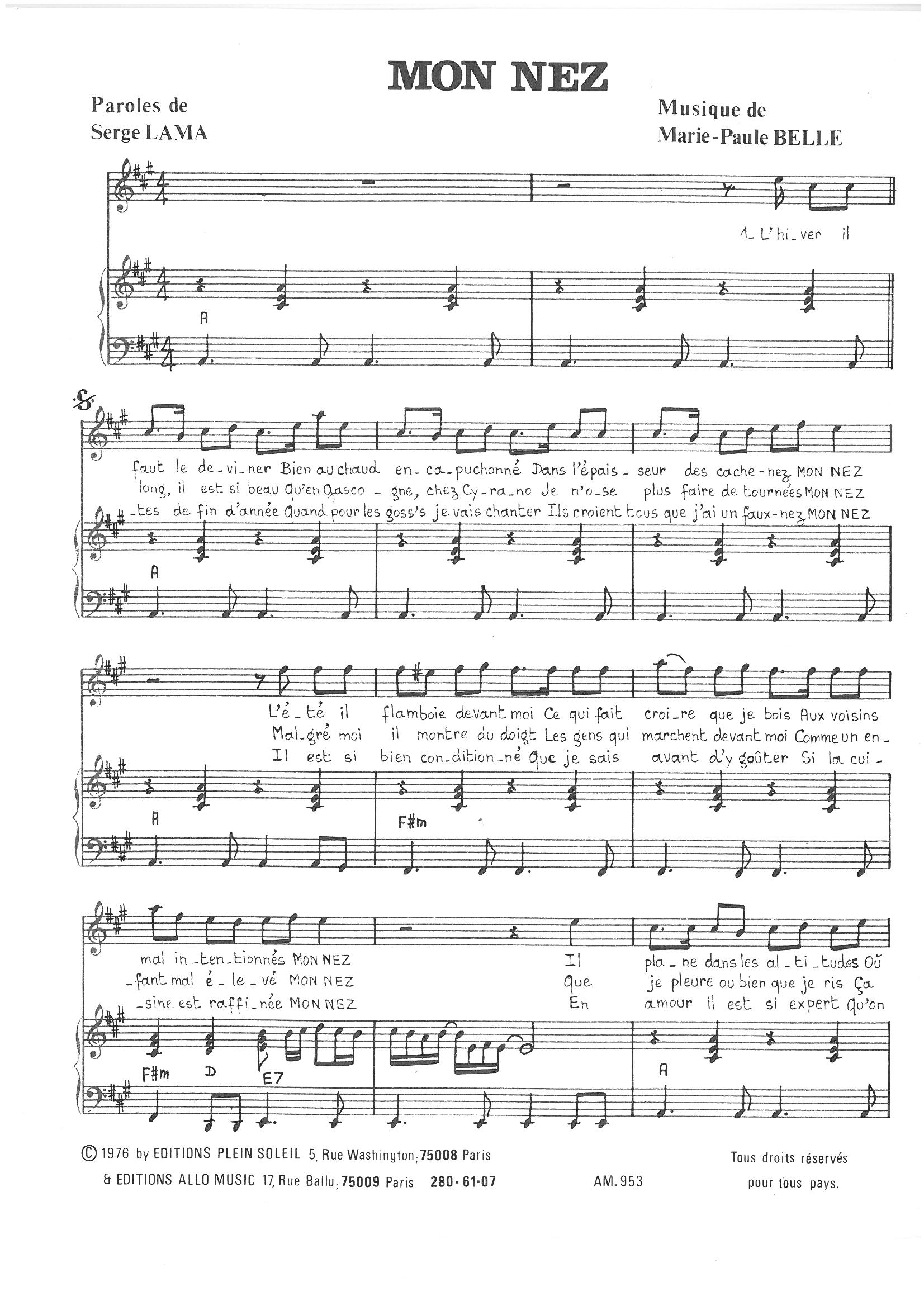 Serge Lama and Marie Paule Belle Mon Nez sheet music notes and chords arranged for Piano & Vocal