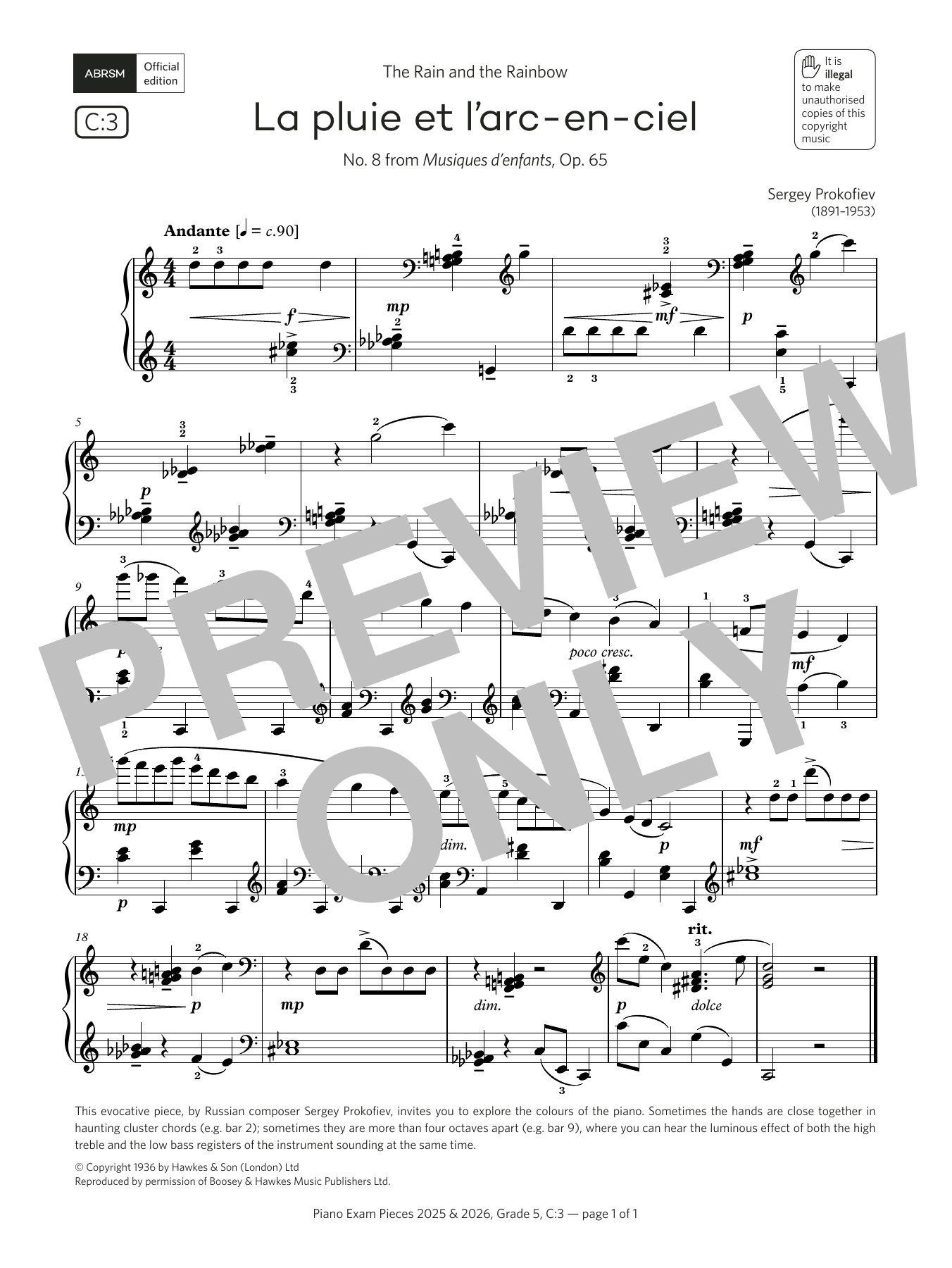 Sergei Prokofiev La pluie et l'arc-en-ciel (Grade 5, list C3, from the ABRSM Piano Syllabus 2025 & 2026) sheet music notes and chords arranged for Piano Solo