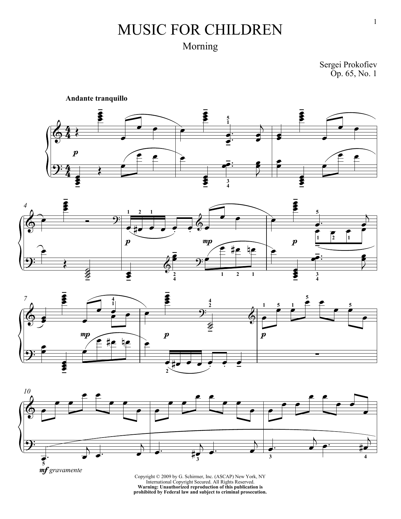 Sergei Prokofiev Morning sheet music notes and chords arranged for Piano Solo