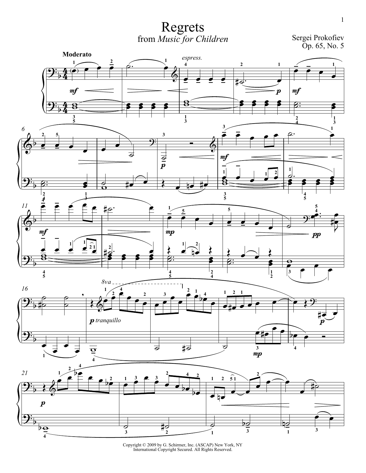 Sergei Prokofiev Regrets sheet music notes and chords arranged for Piano Solo