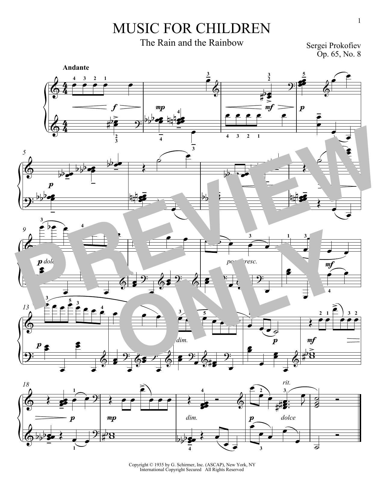 Sergei Prokofiev The Rain And The Rainbow, Op. 65, No. 8 sheet music notes and chords arranged for Piano Solo