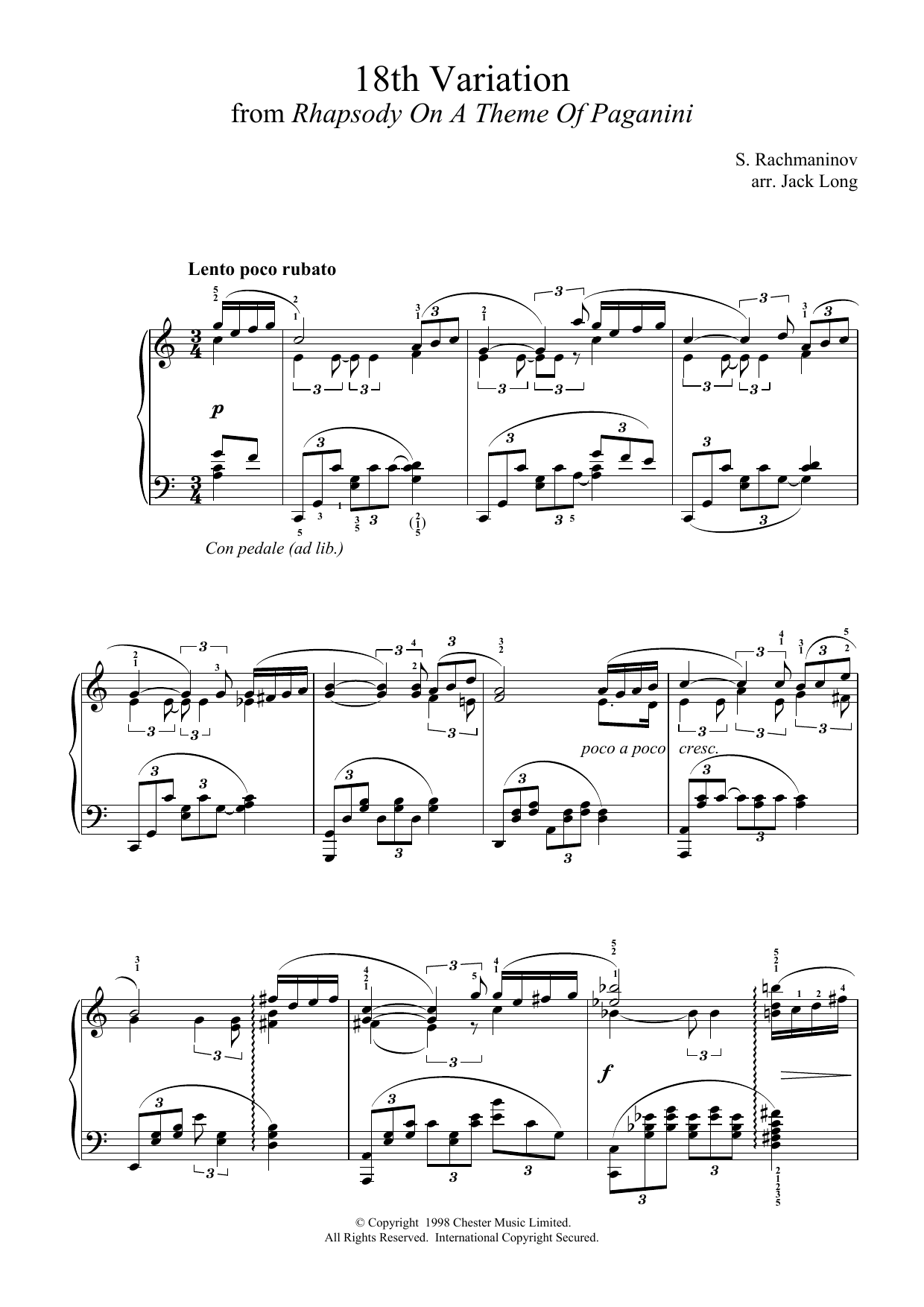 Sergei Rachmaninoff 18th Variation sheet music notes and chords arranged for Piano Solo