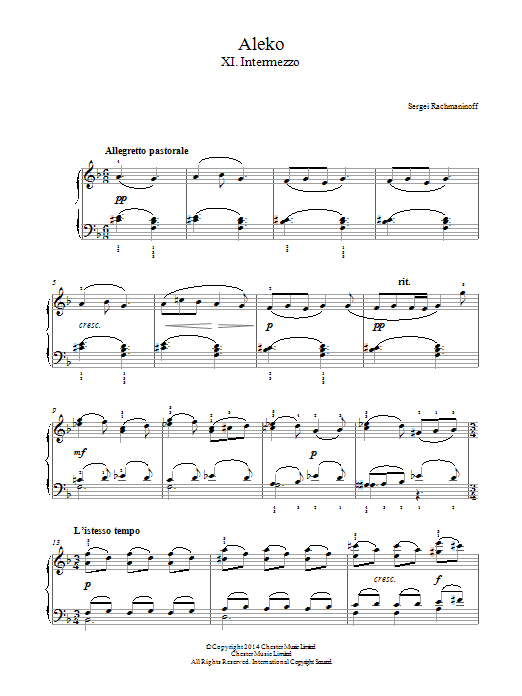 Sergei Rachmaninoff Aleko - No.11 Intermezzo sheet music notes and chords arranged for Piano Solo