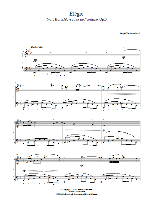 Sergei Rachmaninoff Élégie (No.1 from Morceaux de Fantasie, Op.3) sheet music notes and chords arranged for Beginner Piano