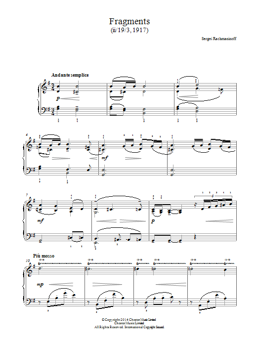 Sergei Rachmaninoff Fragments (1917) sheet music notes and chords arranged for Piano Solo